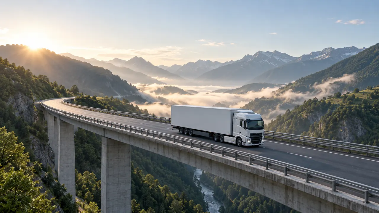 Camión articulado sin rótulos cruzando un viaducto entre montañas verdes con niebla baja.